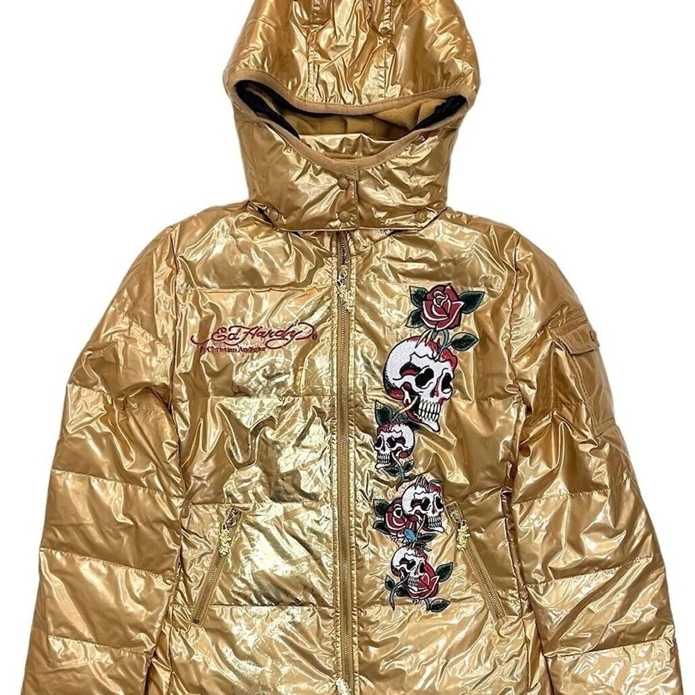 Ed Hardy by Christian Audigier Women's Embroidered Removable Hood Puffer Jacket